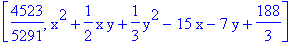 [4523/5291, x^2+1/2*x*y+1/3*y^2-15*x-7*y+188/3]